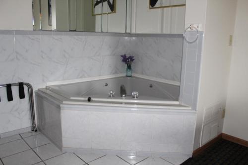 El baño incluye una bañera blanca con un jarrón de flores. en All Seasons Motel en Rock Falls
