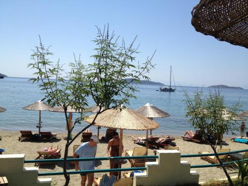 a group of people on a beach with umbrellas at Angeliki Beach Hotel in Megali Ammos