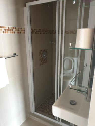 een douche met een glazen deur in een badkamer bij MATAT GARDENS in Matatiele