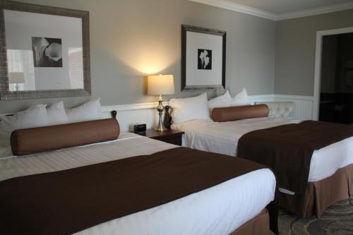 a hotel room with two beds and a lamp at Willow Bend Motel in Truro