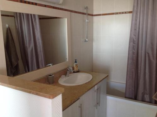 une salle de bain avec un lavabo, un miroir et une douche dans l'établissement Appartement Face Mer, Piscine, à Canet
