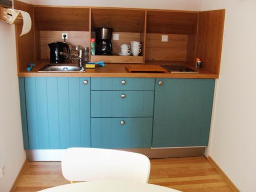 a kitchen with blue cabinets and a sink at Haus Meersburg Garten in Meersburg