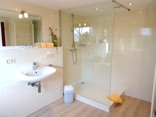 ein Bad mit einer Glasdusche und einem Waschbecken in der Unterkunft Apartments by Gasthof Bucksande in Apen