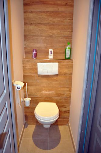 La salle de bains est pourvue de toilettes et d'un mur en bois. dans l'établissement Les mouettes - la paix du bord de Seine, à Berville-sur-Seine