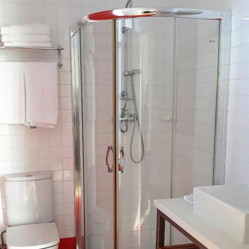 a bathroom with a shower with a toilet and a sink at Hotel Palacio de Garaña in Garaña