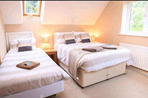 2 łóżka w małym pokoju z 2 oknami w obiekcie Cleeves Cottage w Bristolu