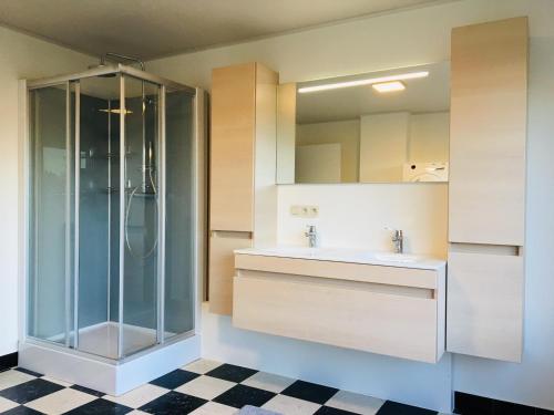 uma casa de banho com um chuveiro e um lavatório. em 't Hoekske em Merkem