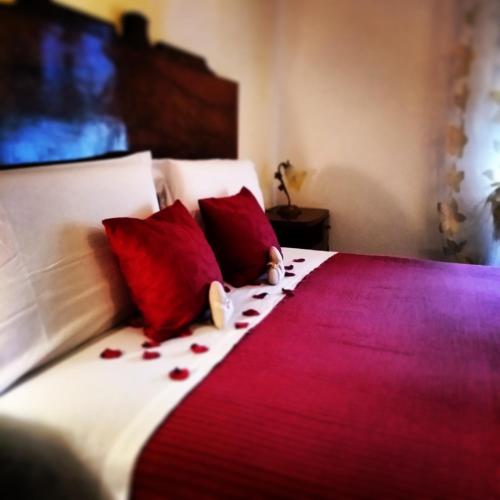 a bedroom with a bed with red and white pillows at Petalo Rosso b&b in Lenola
