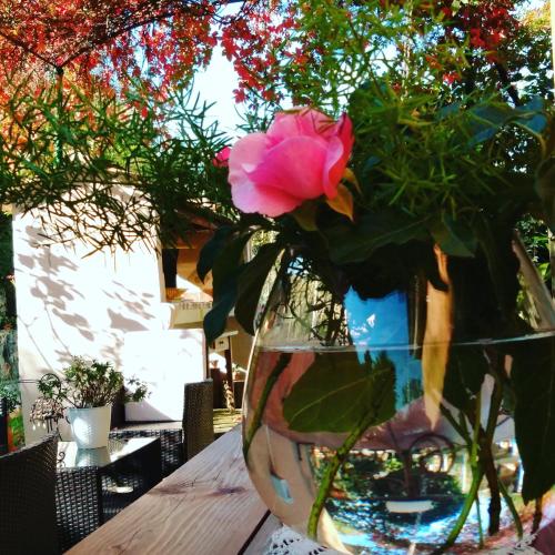 a vase with a pink rose sitting on a table at Petalo Rosso b&b in Lenola