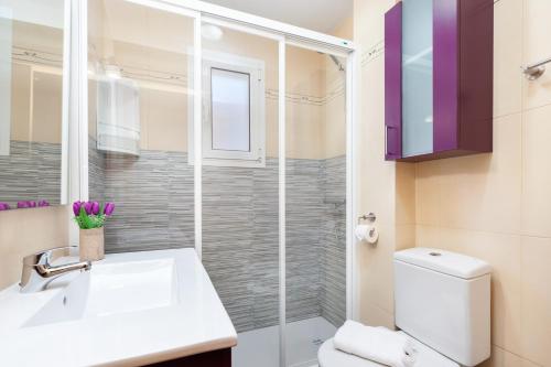 y baño con aseo, lavabo y ducha. en Click&Flat Fira Gran Via, en Hospitalet de Llobregat