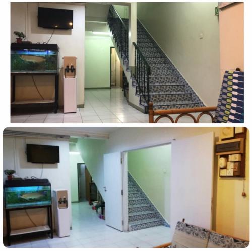 龙运Sri Gate Hotel的两张带楼梯和电视的走廊照片