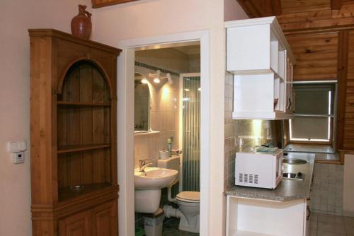 a bathroom with a sink and a toilet at Margaréta Apartmanház in Hajdúszoboszló