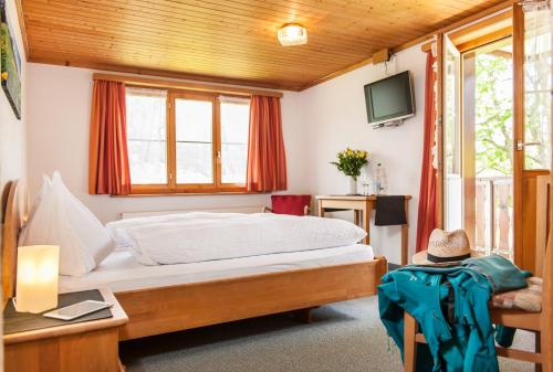 a bedroom with a bed and a tv and windows at Schwendi Lodge in Unterwasser