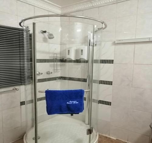 a shower with a blue towel in a bathroom at Lenasia Guest Lodge in Lenasia