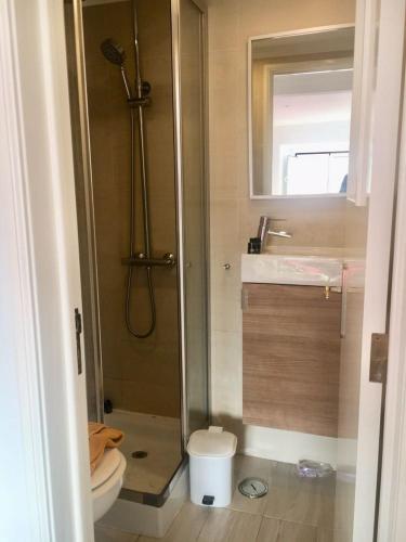 a bathroom with a shower and a toilet at Pequeno Hostel Studio in Lisbon
