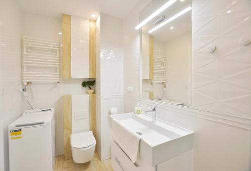 łazienka z umywalką, toaletą i lustrem w obiekcie Apartamenty Bałtycka6 w Kołobrzegu