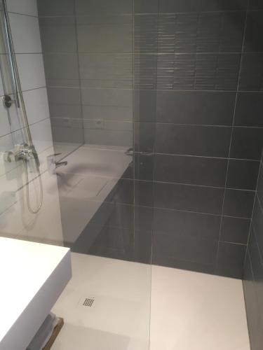 a glass shower in a bathroom with a sink at Hotel De Quebec in Rouen