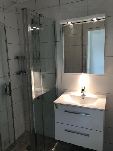 une salle de bain avec un lavabo et une douche avec un miroir dans l'établissement Nice/Villefranche, à Villefranche-sur-Mer