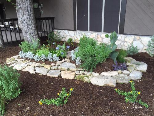 um jardim com pedras e plantas em frente a uma casa em Whitewater Condos em Canyon Lake