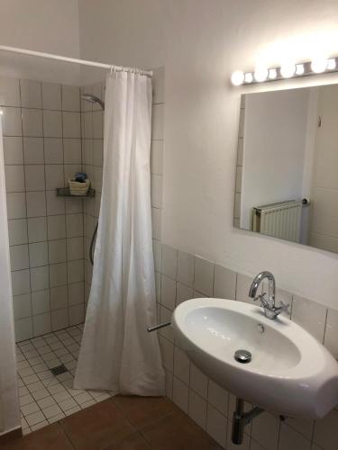 baño con cortina de ducha blanca y lavamanos en De Isenboner Wankendorf, en Wankendorf
