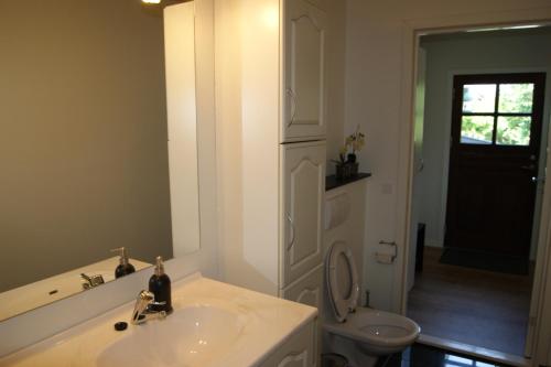 スケーエンにあるSkagen Ferie 1の白いバスルーム(洗面台、トイレ付)
