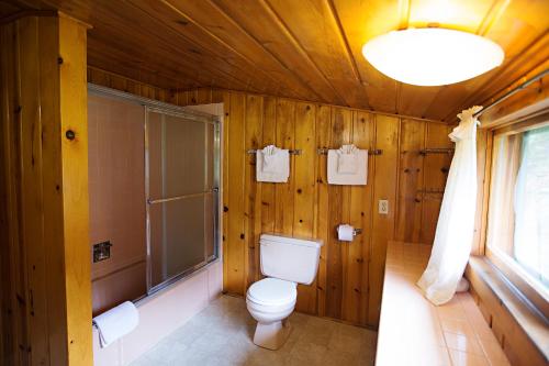 a bathroom with a toilet and a glass shower at Idlewilde by the River in Estes Park
