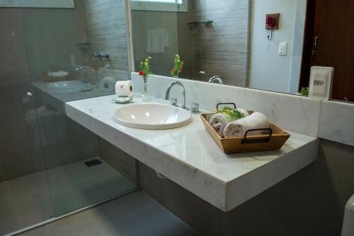 a bathroom with a sink and a mirror at Pousada Recanto das Araras in Tiradentes