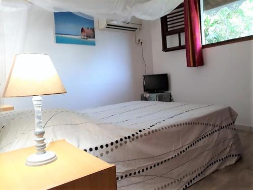 a bedroom with a bed with a lamp on a table at Gites "les colibris" in Schœlcher