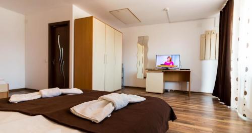 a bedroom with a large bed and a television at Hostel Sea Star in Vama Veche