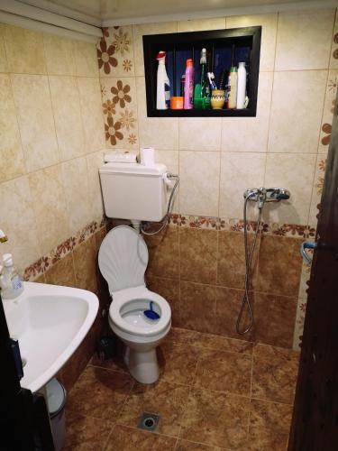 a bathroom with a white toilet and a sink at Къща за гости Ножери in Tryavna