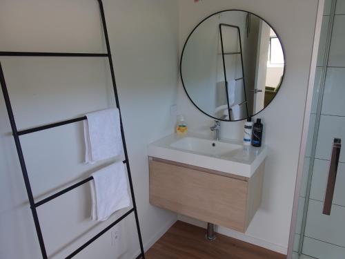 a bathroom with a sink and a mirror at Ridge View in Wanaka