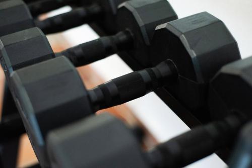 a close up view of a black dumbbellstack at Hotel Hacienda Santana in Tecate