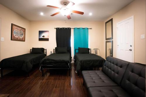 ヒューストンにあるEast Downtown Treetop Terraceのリビングルーム(ベッド2台、ソファ付)