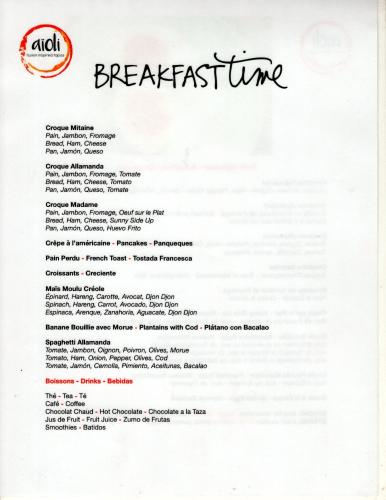 a page of a white menu with the words breakfasttime at Allamanda Hotel in Port-au-Prince