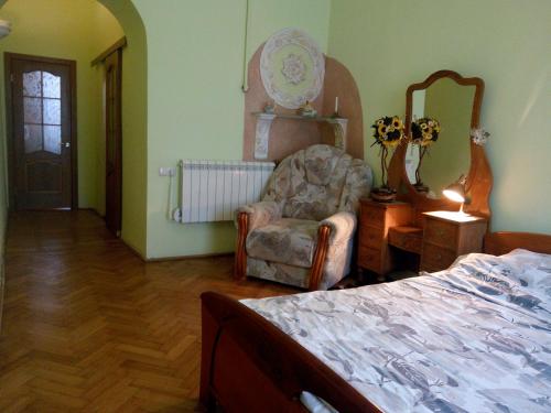 リヴィウにあるFlat on Sheptytskykhのベッドルーム1室(ベッド1台、椅子、鏡付)