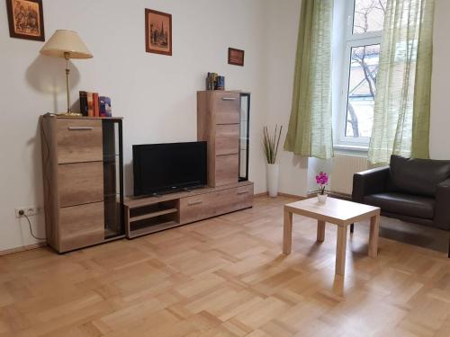 a living room with a tv and a couch and a table at Ferienwohnung Schloessel 26/16 in Vienna