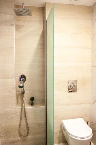 a bathroom with a toilet and a shower at Sea La Vie - Studios Maria in Limenaria