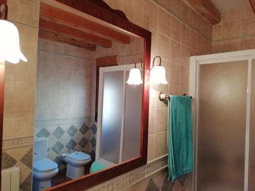 a bathroom with a mirror and a toilet at Las Casonas de Chavida in Chavida