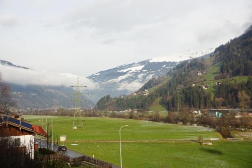 a large green field with a snow covered mountain at Haus Dornauer in Hippach