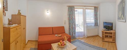 a living room with a couch and a television at Arenablick in Zell am Ziller