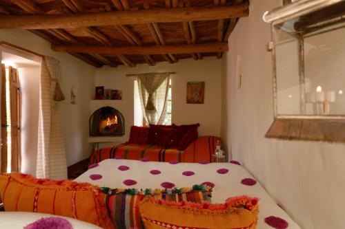 a bedroom with a bed and a fireplace in it at Douar Samra in Imlil