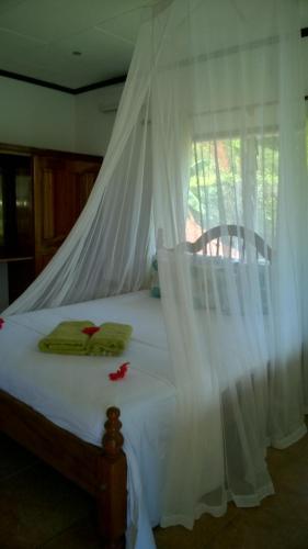 a bedroom with a bed with a canopy and a window at La Bel Zilwaz Guesthouse in La Digue