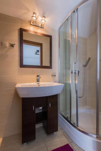 a bathroom with a sink and a shower at Villa Nova 34A in Hel