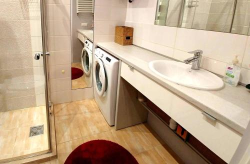 a bathroom with a sink and a washing machine at Apartament Oficyna in Krakow