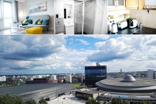 a collage of two pictures of a sky at KTW Spodek Apartment in Katowice
