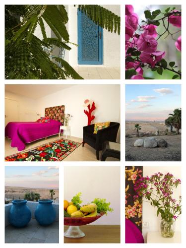 a collage of pictures of a room with flowers at Mi Casa Tu Casa - Dead Sea in Vered Yeriho