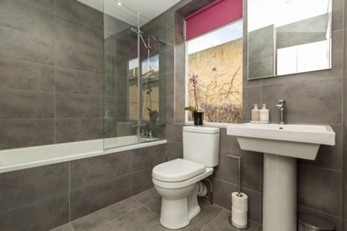 a bathroom with a toilet and a sink and a mirror at The Artist House in Brighton & Hove