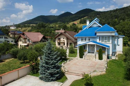 a blue house with a blue roof at Pensiunea Roua in Piatra Neamţ