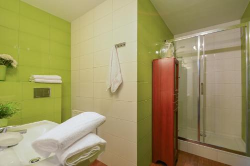 a green bathroom with a shower and a sink at Apartament Krupówki 4 os CENTRUM in Zakopane
