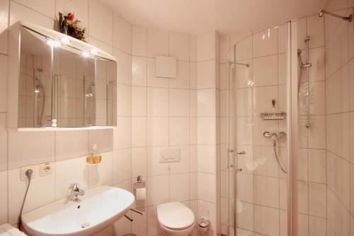 a bathroom with a shower and a sink and a toilet at Residenz Falkenberg by Rujana in Ostseebad Sellin